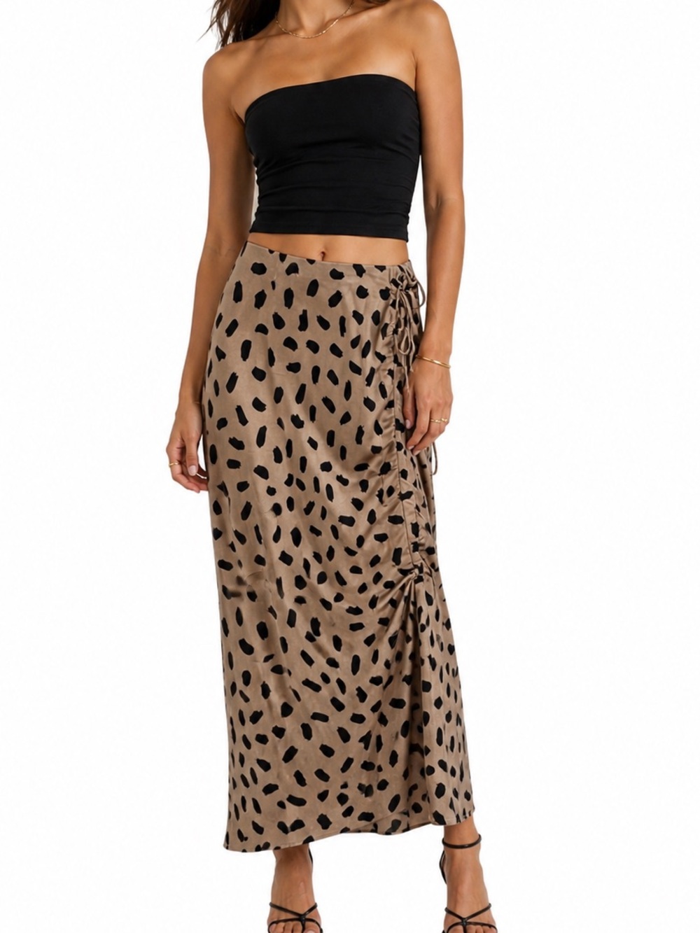 Miou Muse Tan and Black Ruched Pencil Skirt Silky Satin Maxi SZ S